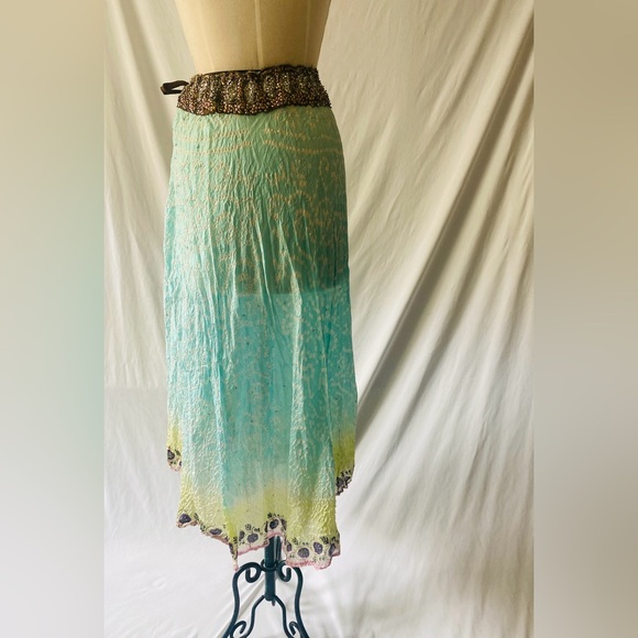 Alka Vora Rare Boho Festival Long Crinkle Silk Skirt w/ beaded details sz M - Picture 6 of 14